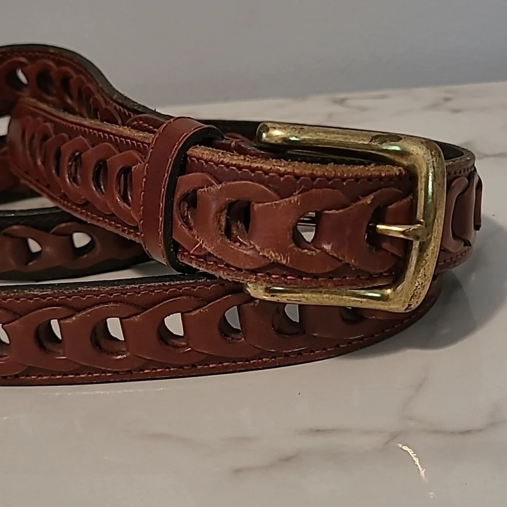 Men's 46 Brown Leather Open Loop Belt Casual Neutral Preppy Quality